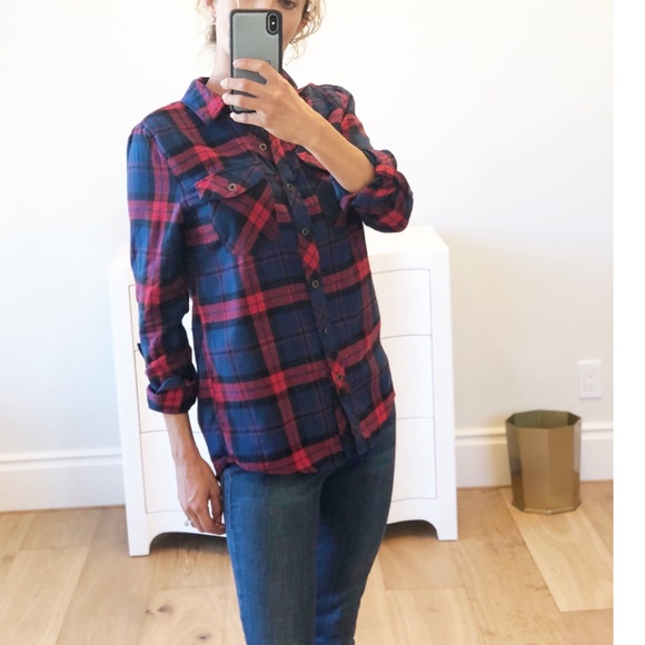 SCOTLAND Blue Plaid Flannel Button Down w Hood - Picture 7 of 9